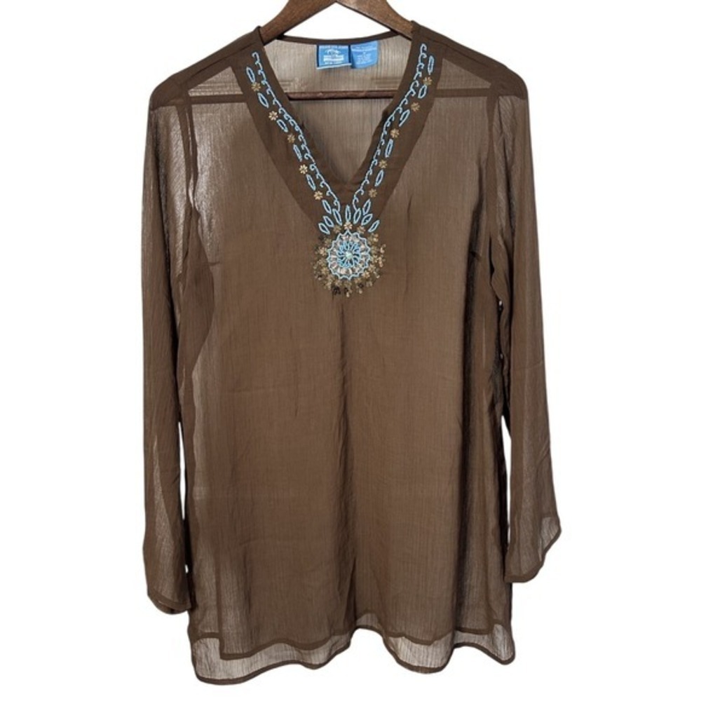Blue Island New York‎ Women Medium Turquoise Jewelry Sheer Brown Shirt Bohemian